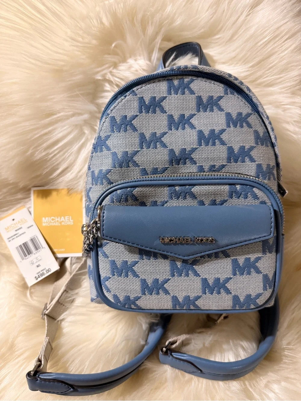 Michael Kors Light Blue MK Jacquard Mini Backpack with Card Pouch